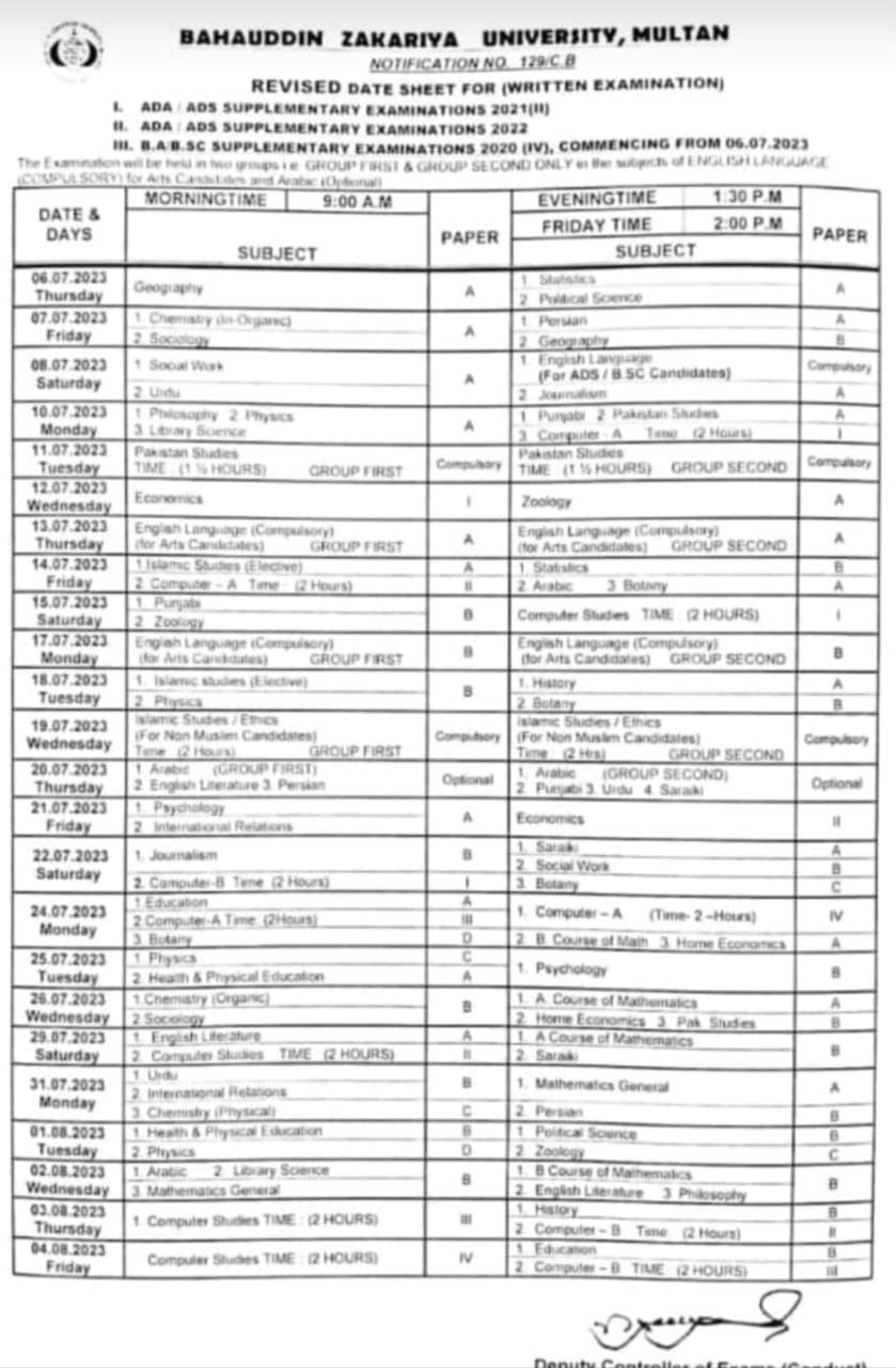 REVISED Date sheet of Ada/Ads 2021/2022 supplementary Examination 2023
