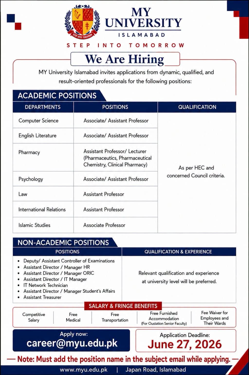 MY University Islamabad Announces Faculty and Administrative Job Opportunities for 2026