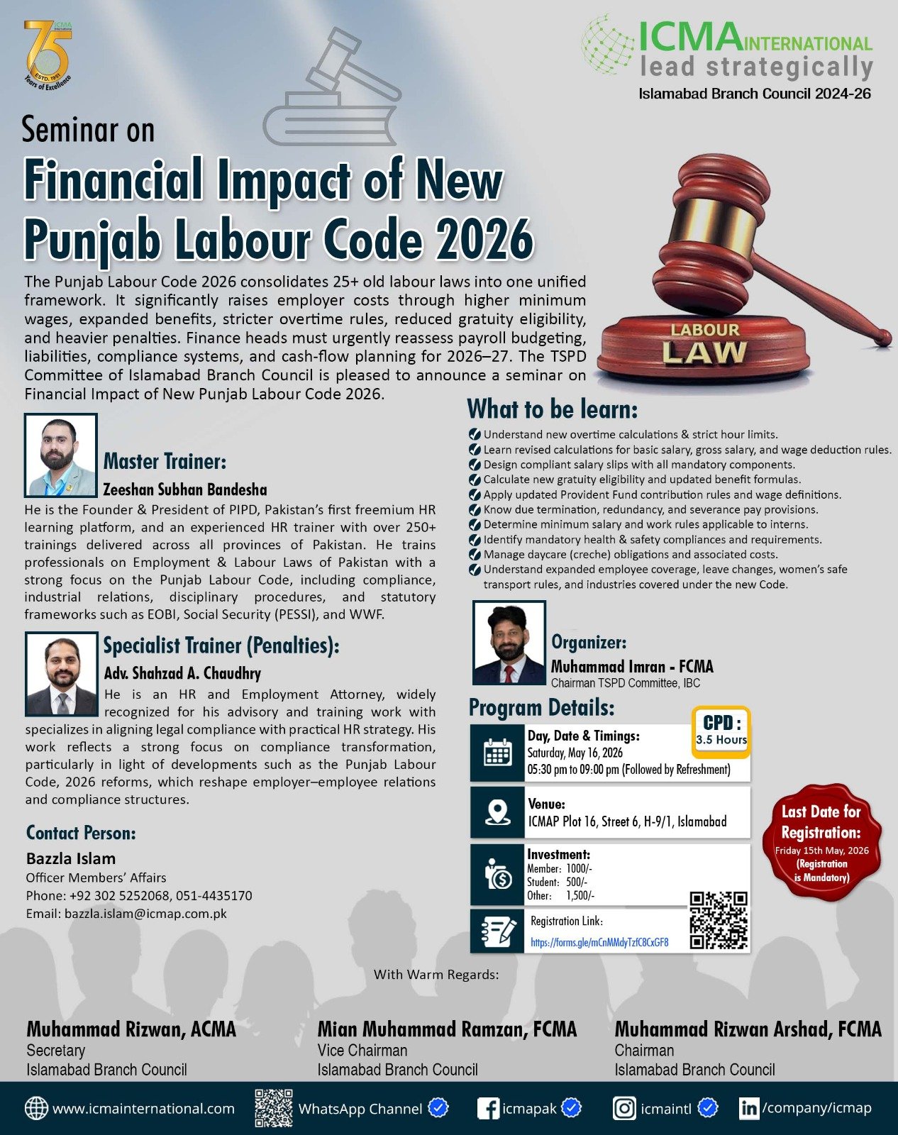 ICMA International Islamabad Branch Council to Host Seminar on Financial Impact of New Punjab Labour Code 2026